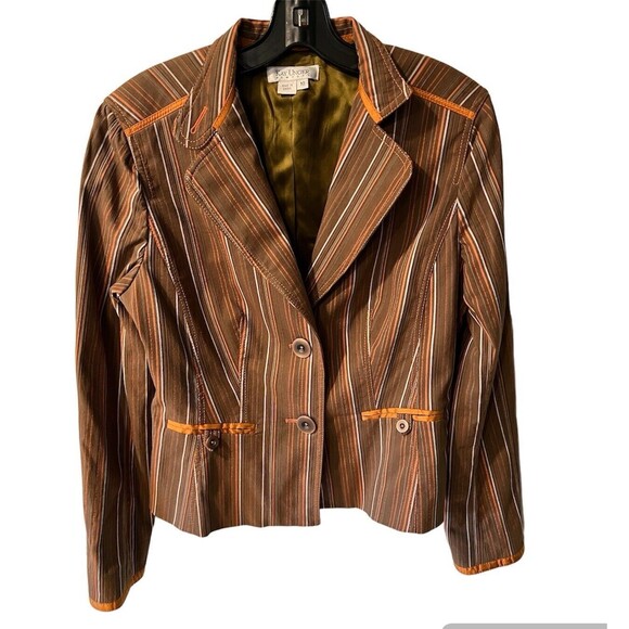 Kay Unger jacket Womens Sz 10 Striped Brown Blazer Button satin lined tailored - Picture 1 of 11